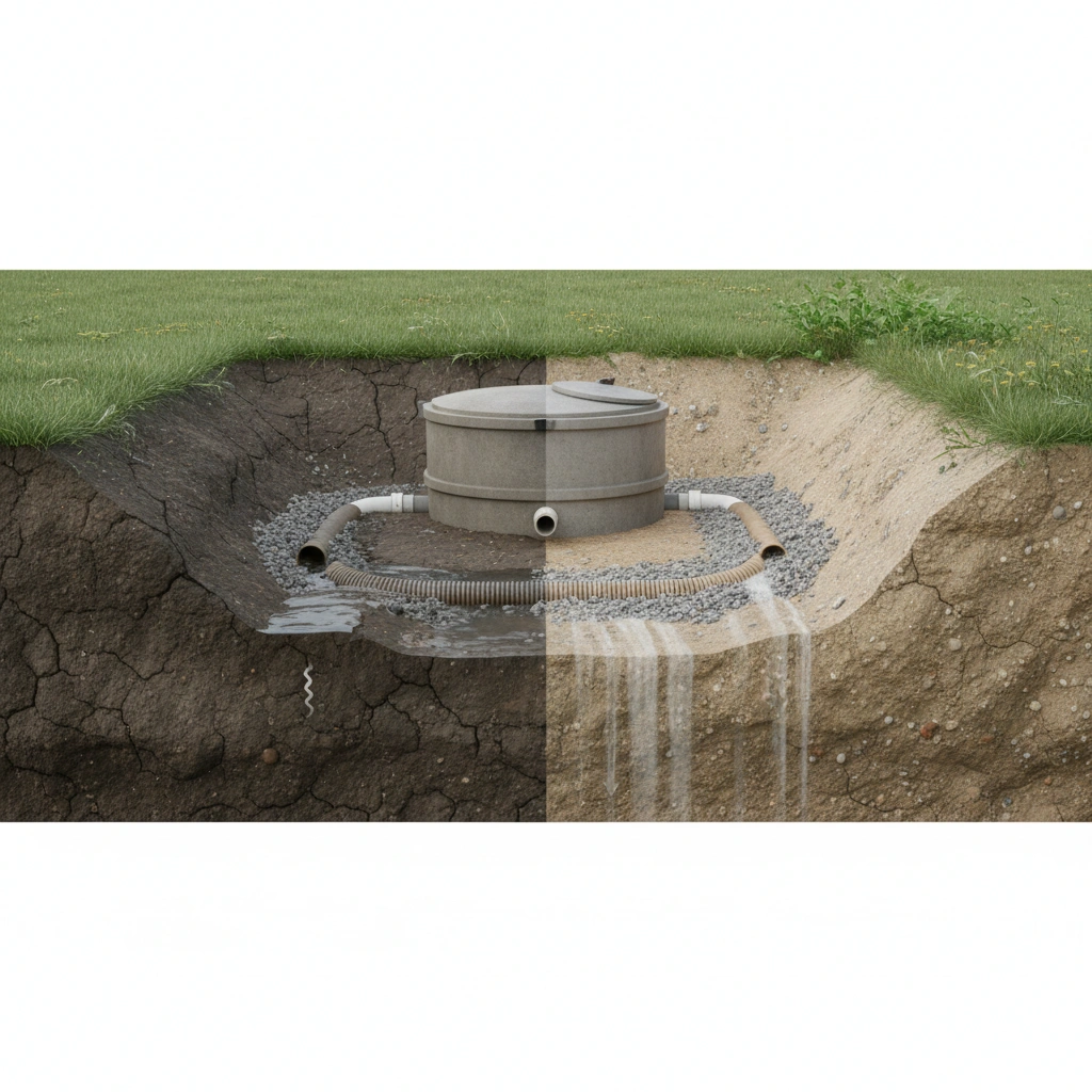 фото Почему важно учитывать тип грунта при устройстве дренажа вокруг септика