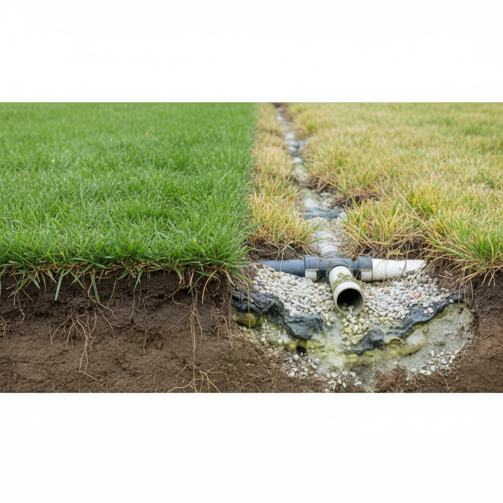 фото Как септик влияет на состояние грунта под газоном